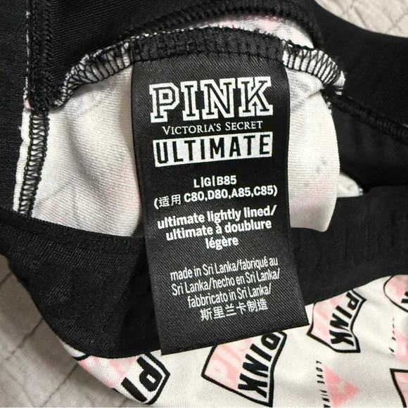 Victoria's Secret PINK Ultimate Sports Bra Black White Pink Logo Size Large - Picture 6 of 9